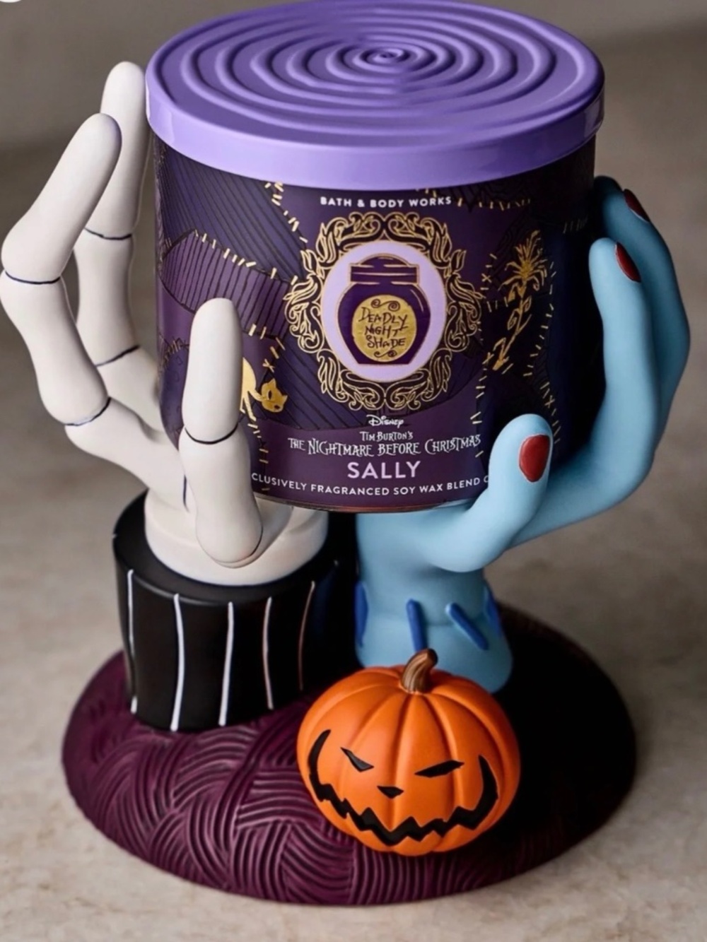 SOLD OUT Disney Jack Skellington & Sally Hands 3 Wick Candle Pedestal